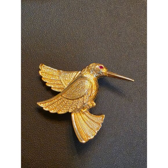 Gold-Tone Hummingbird Pin Brooch With Red Eye Detail - Picture 7 of 8